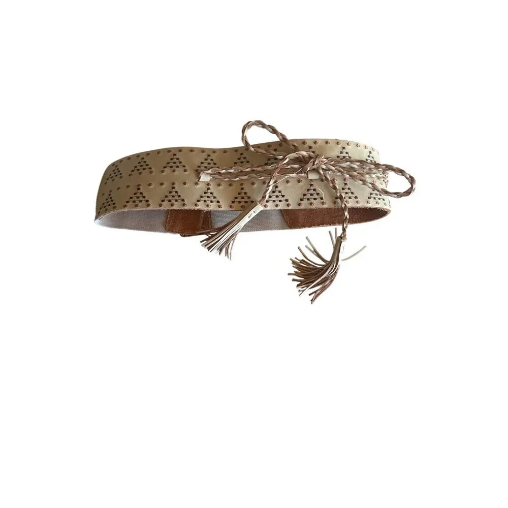 Beige Wide Waist Belt With Braided Tassels & Embroidered Accents